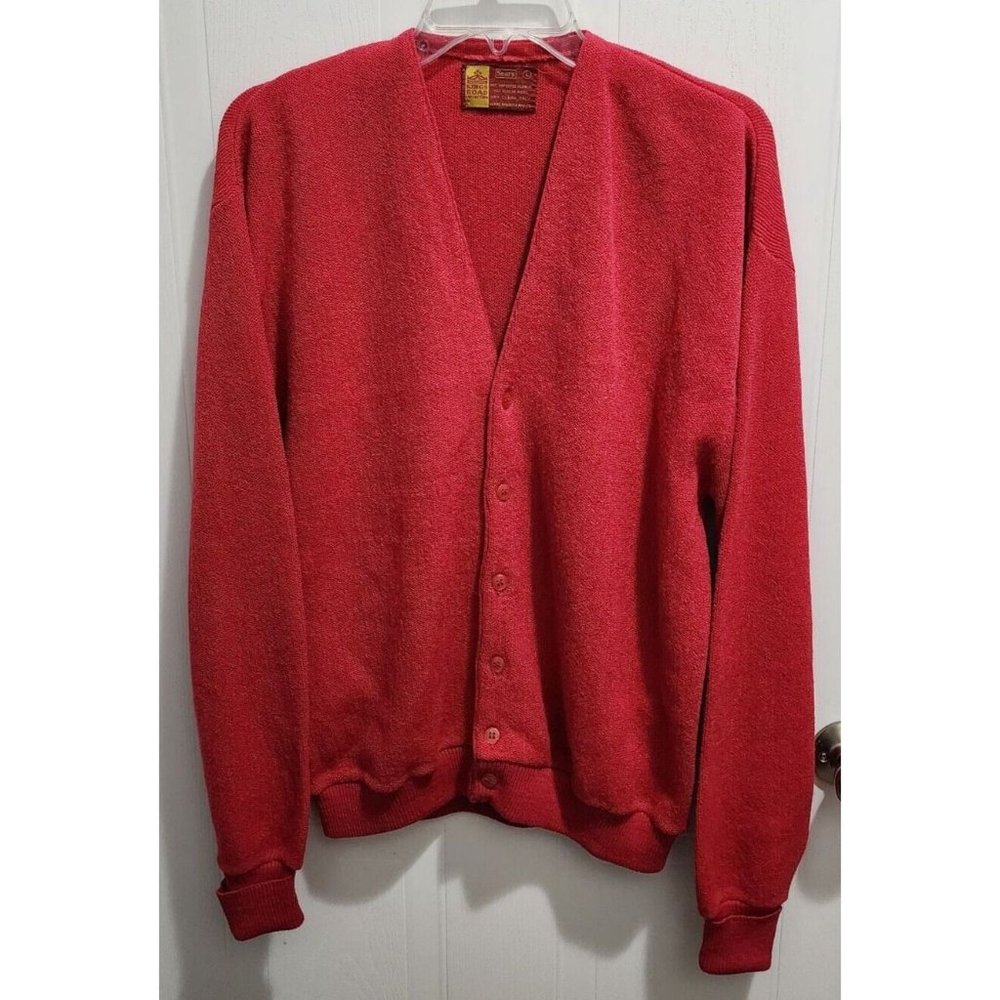 Vtg SEARS Kings Road Reddish-Pink Alpaca Wool Blend Knit‎ LS Cardigan Sweater L